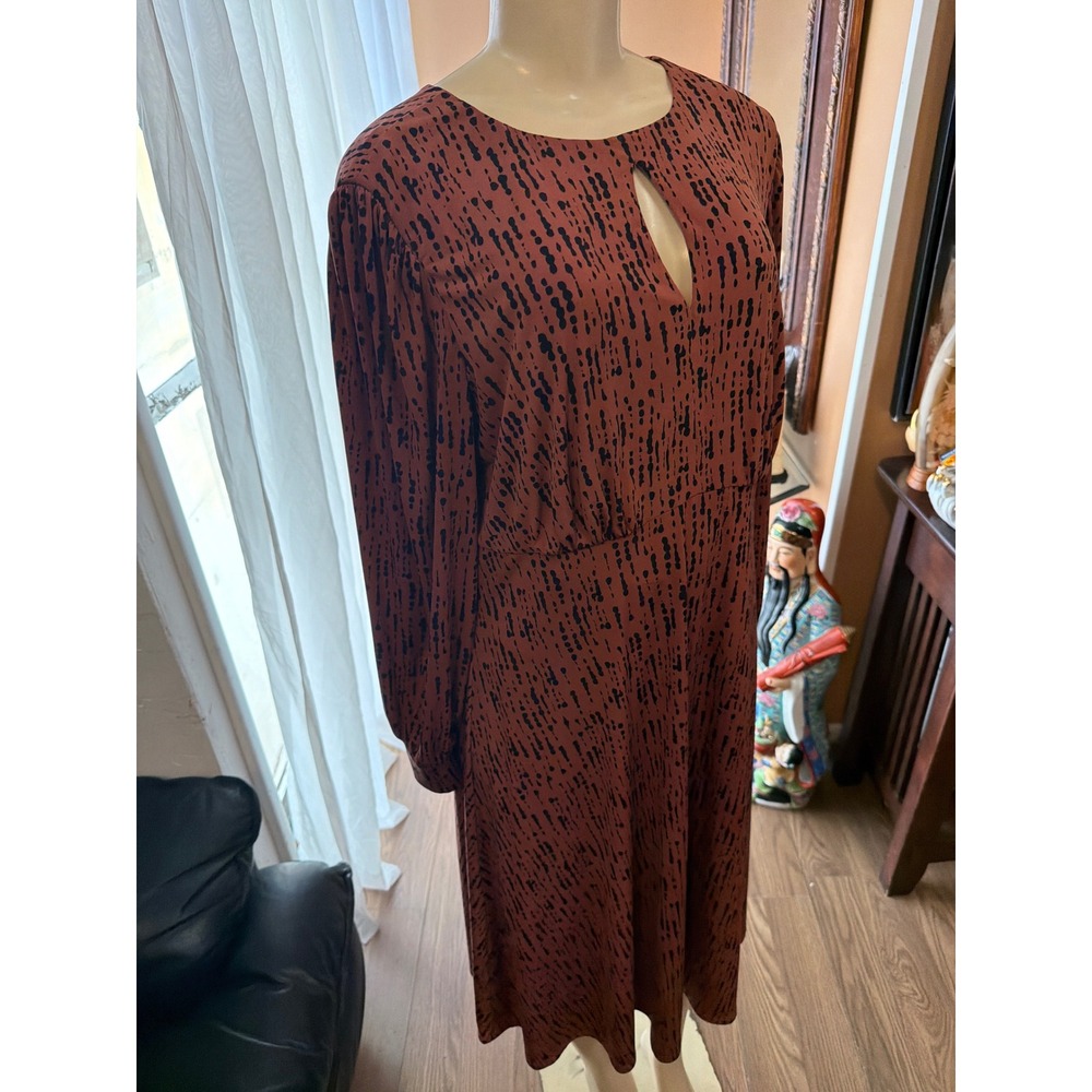 London Times Rust Brown Black Abstract Print Keyhole Midi Dress Size 16 Long Slv